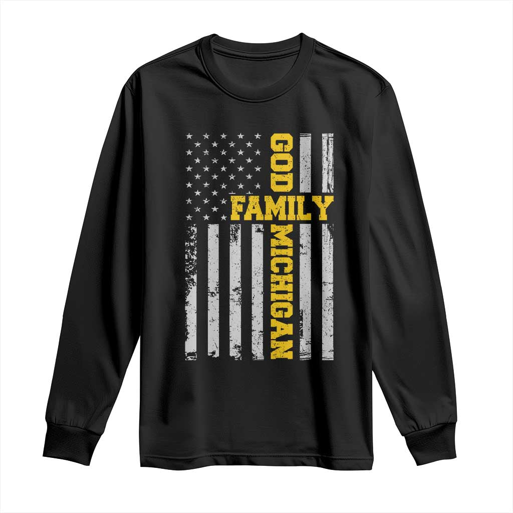 God Family Michigan Long Sleeve Shirt Game Day Vintage American Flag TS11 Black Print Your Wear