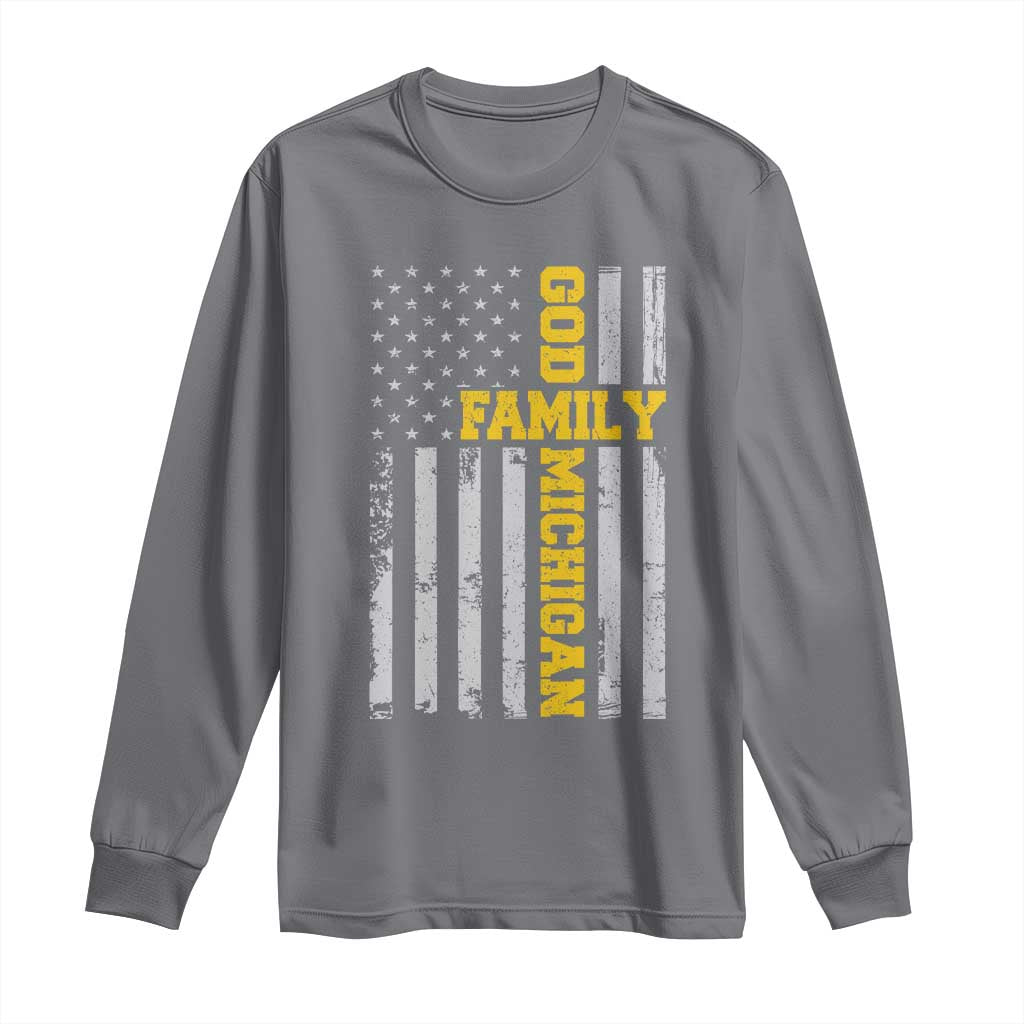God Family Michigan Long Sleeve Shirt Game Day Vintage American Flag TS11 Charcoal Print Your Wear