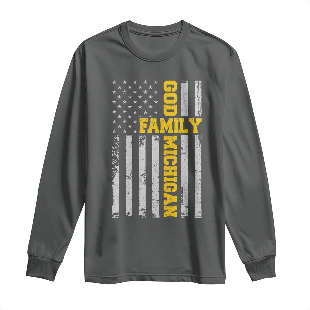 God Family Michigan Long Sleeve Shirt Game Day Vintage American Flag TS11 Dark Heather Print Your Wear