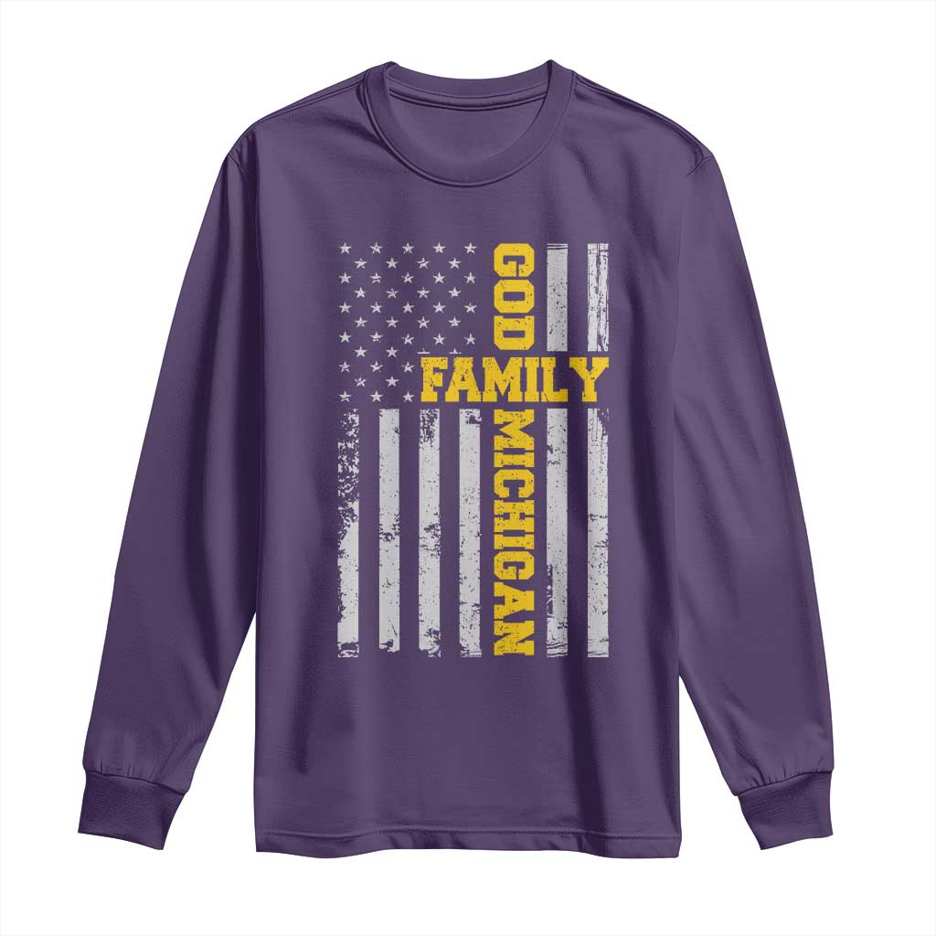 God Family Michigan Long Sleeve Shirt Game Day Vintage American Flag TS11 Purple Print Your Wear