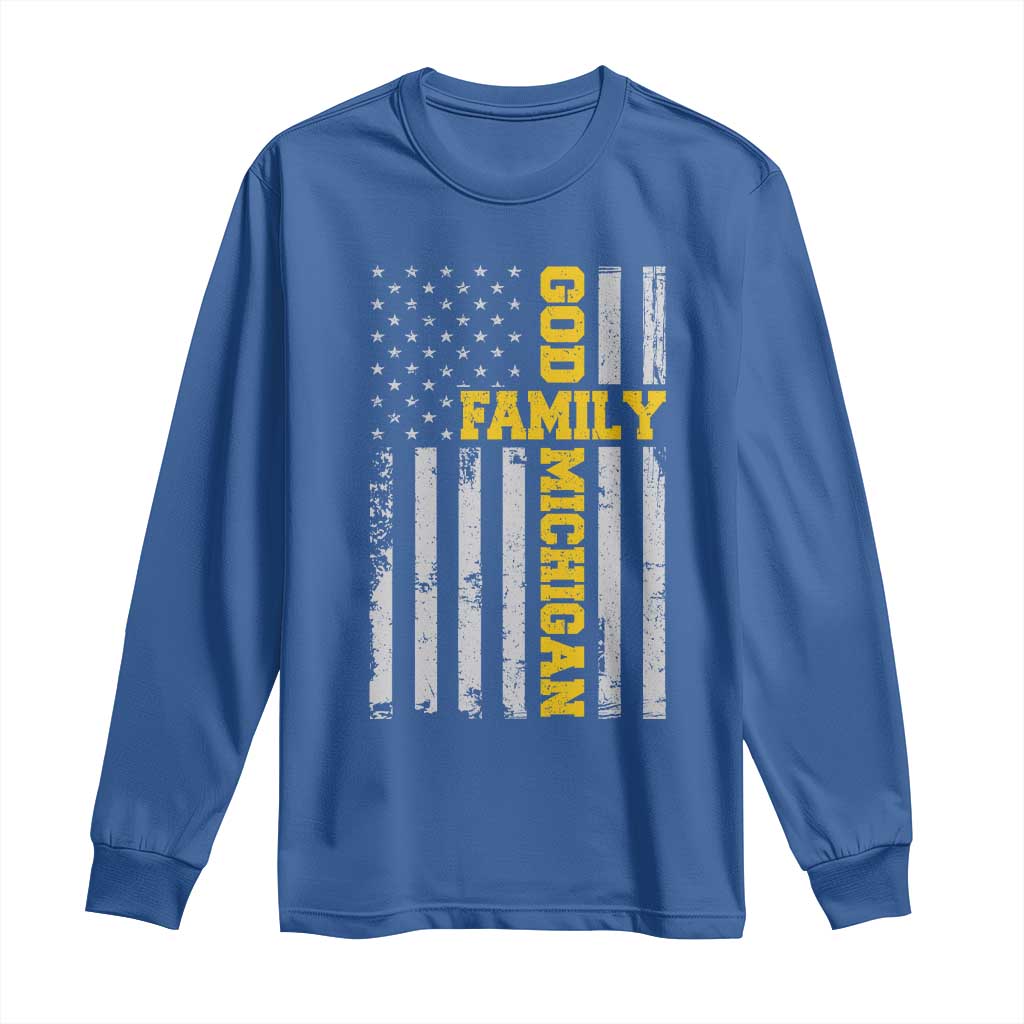 God Family Michigan Long Sleeve Shirt Game Day Vintage American Flag TS11 Royal Blue Print Your Wear