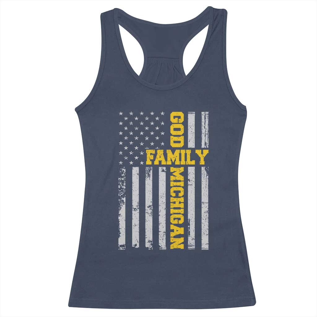 God Family Michigan Racerback Tank Top Game Day Vintage American Flag TS11 Navy Print Your Wear