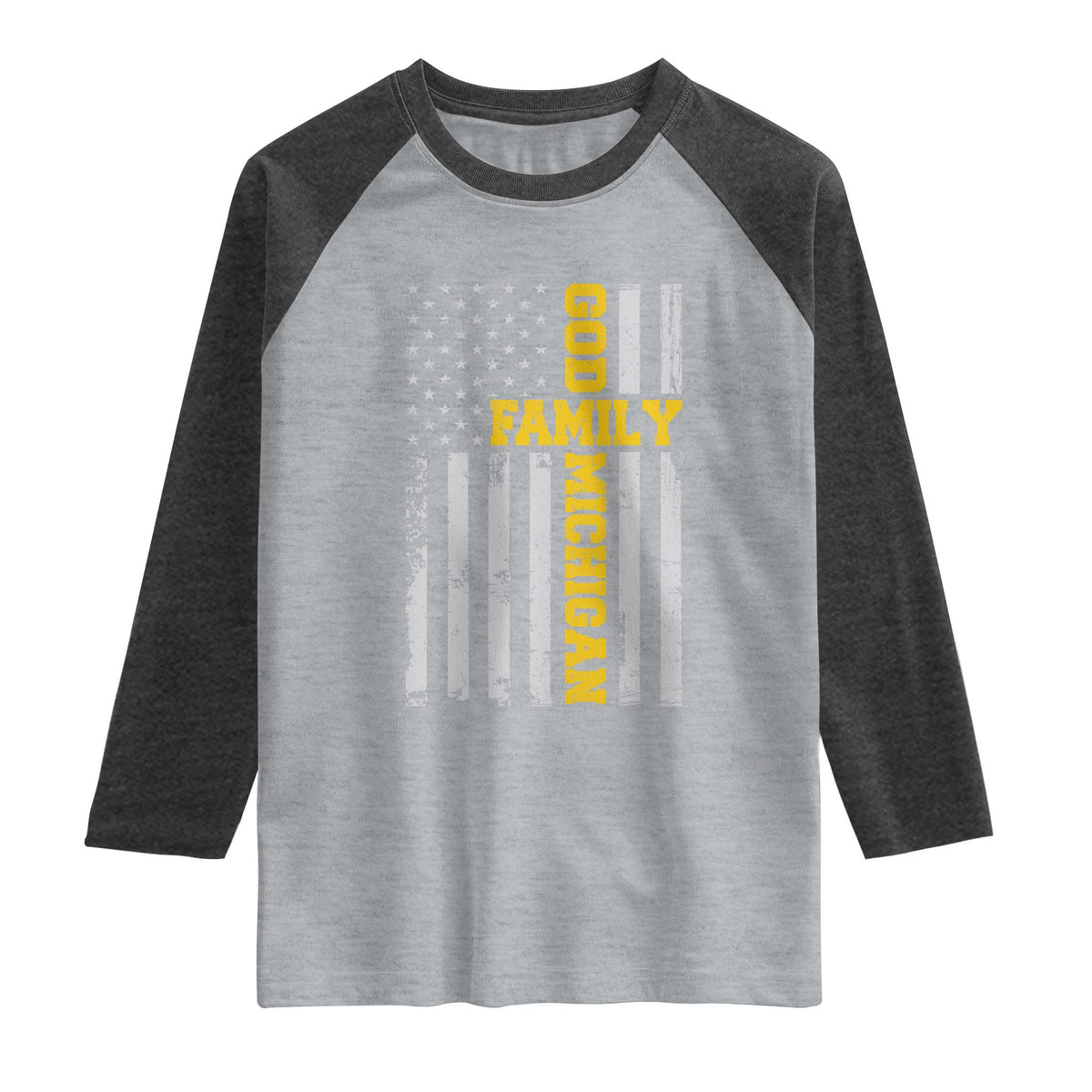God Family Michigan Raglan Shirt Game Day Vintage American Flag TS11 Heather Gray Heather Charcoal Print Your Wear
