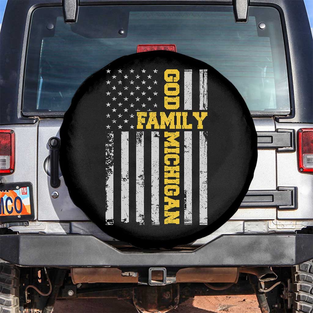 God Family Michigan Spare Tire Cover Game Day Vintage American Flag TS11 No hole Black Print Your Wear
