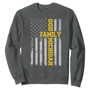 God Family Michigan Sweatshirt Game Day Vintage American Flag TS11 Dark Heather Print Your Wear