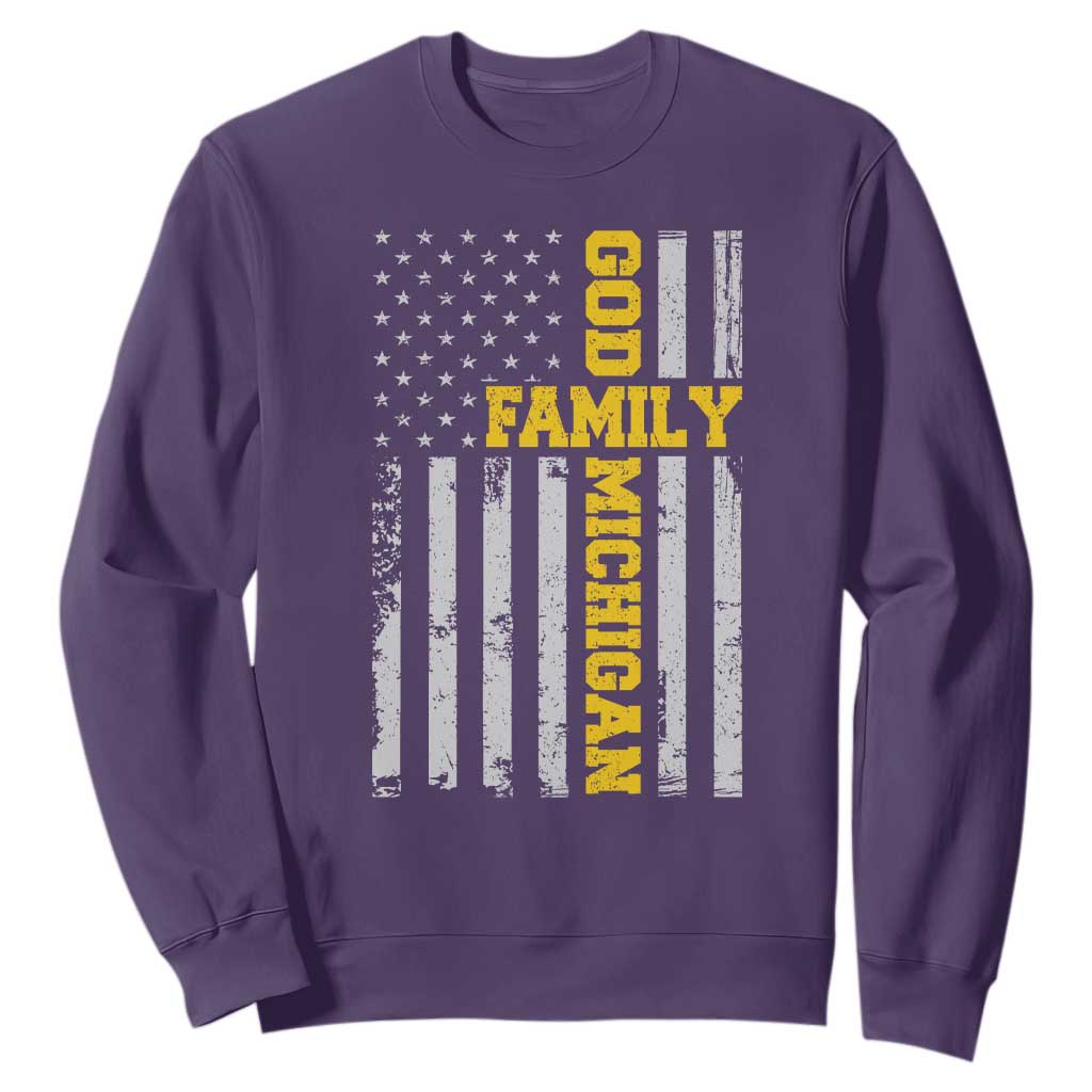 God Family Michigan Sweatshirt Game Day Vintage American Flag TS11 Purple Print Your Wear