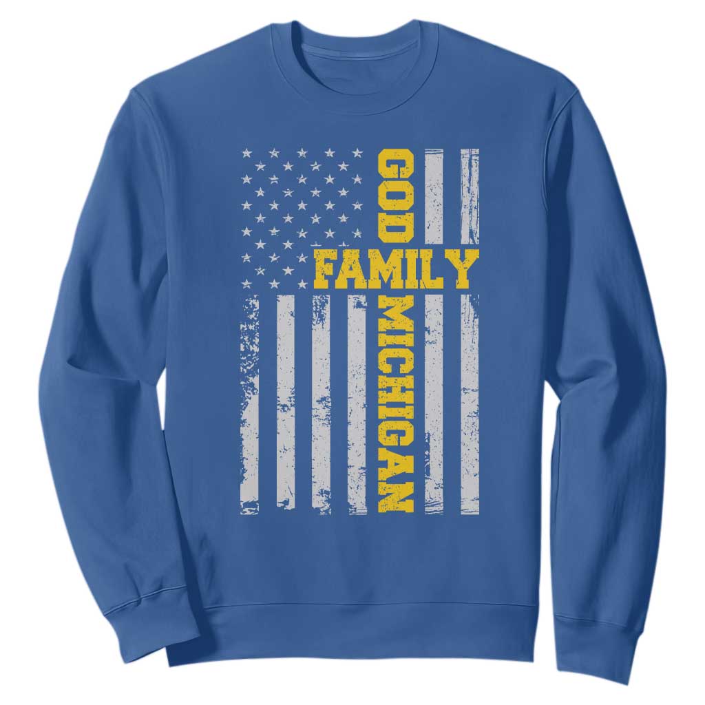God Family Michigan Sweatshirt Game Day Vintage American Flag TS11 Royal Blue Print Your Wear