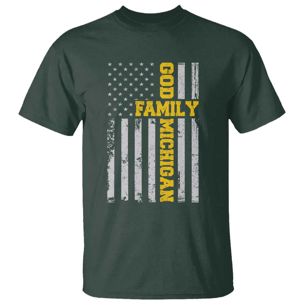 God Family Michigan T Shirt - Game Day Vintage American Flag TS11 Dark Forest Green Print Your Wear