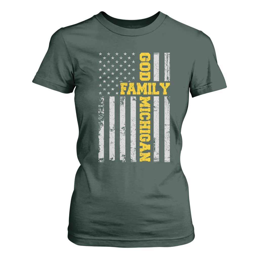God Family Michigan T Shirt For Women Game Day Vintage American Flag TS11 Dark Forest Green Print Your Wear