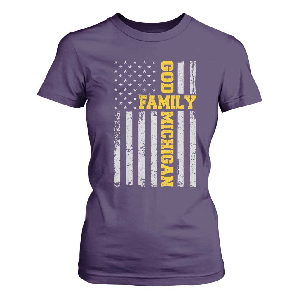 God Family Michigan T Shirt For Women Game Day Vintage American Flag TS11 Purple Print Your Wear