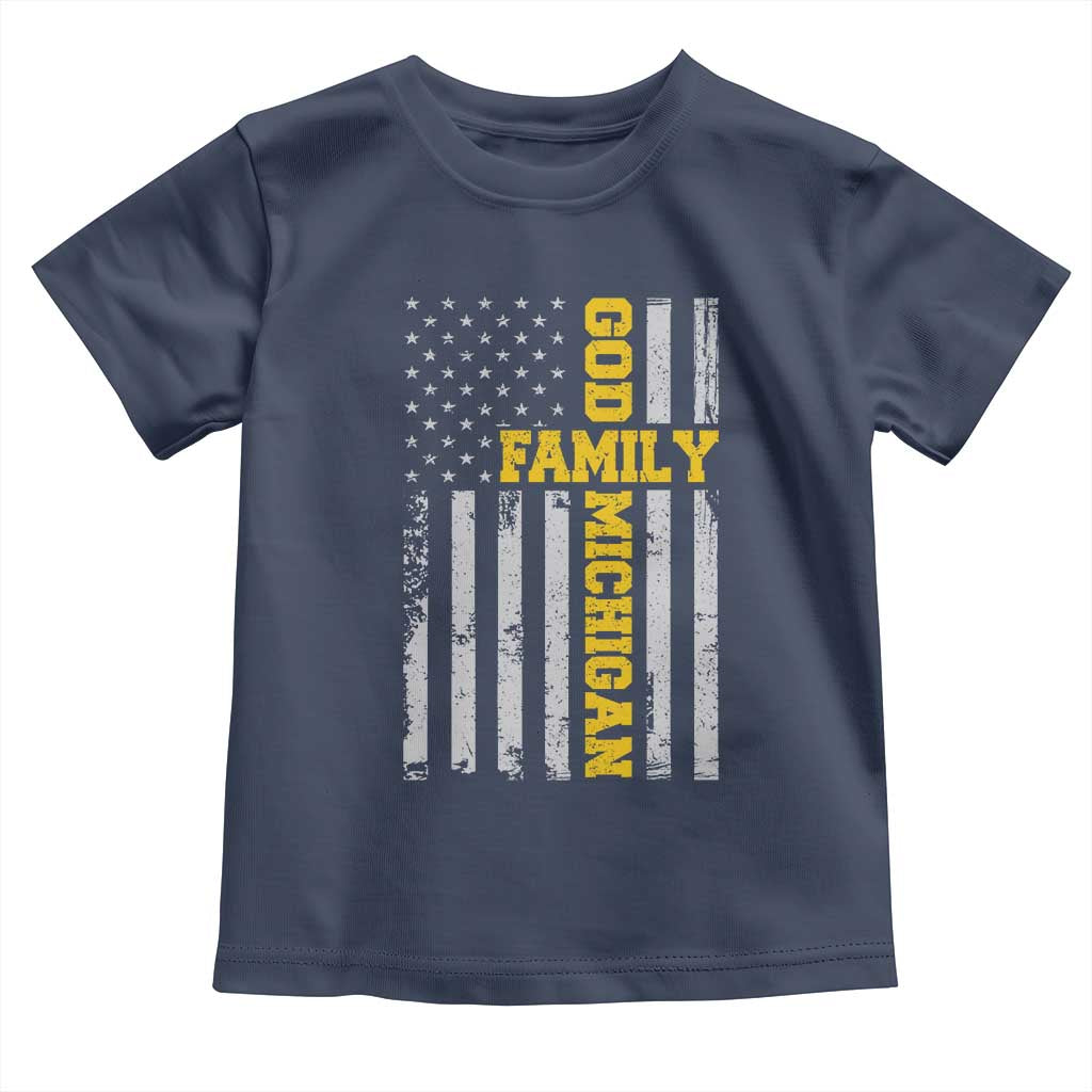 God Family Michigan Toddler T Shirt Game Day Vintage American Flag TS11 Navy Print Your Wear