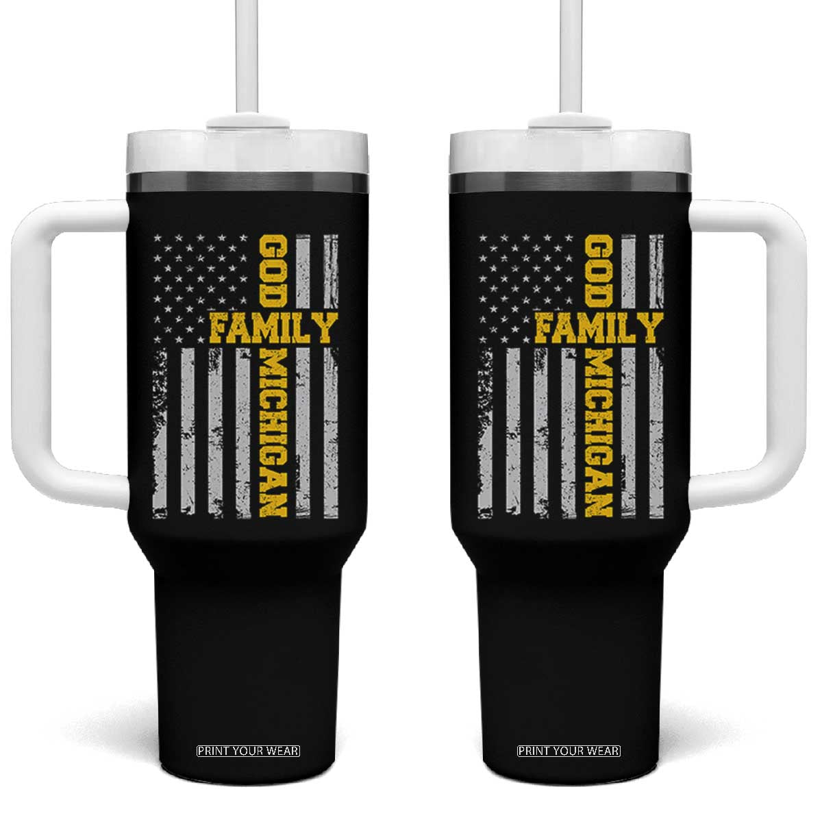 God Family Michigan Tumbler With Handle Game Day Vintage American Flag TS11 One Size: 40 oz Black Print Your Wear