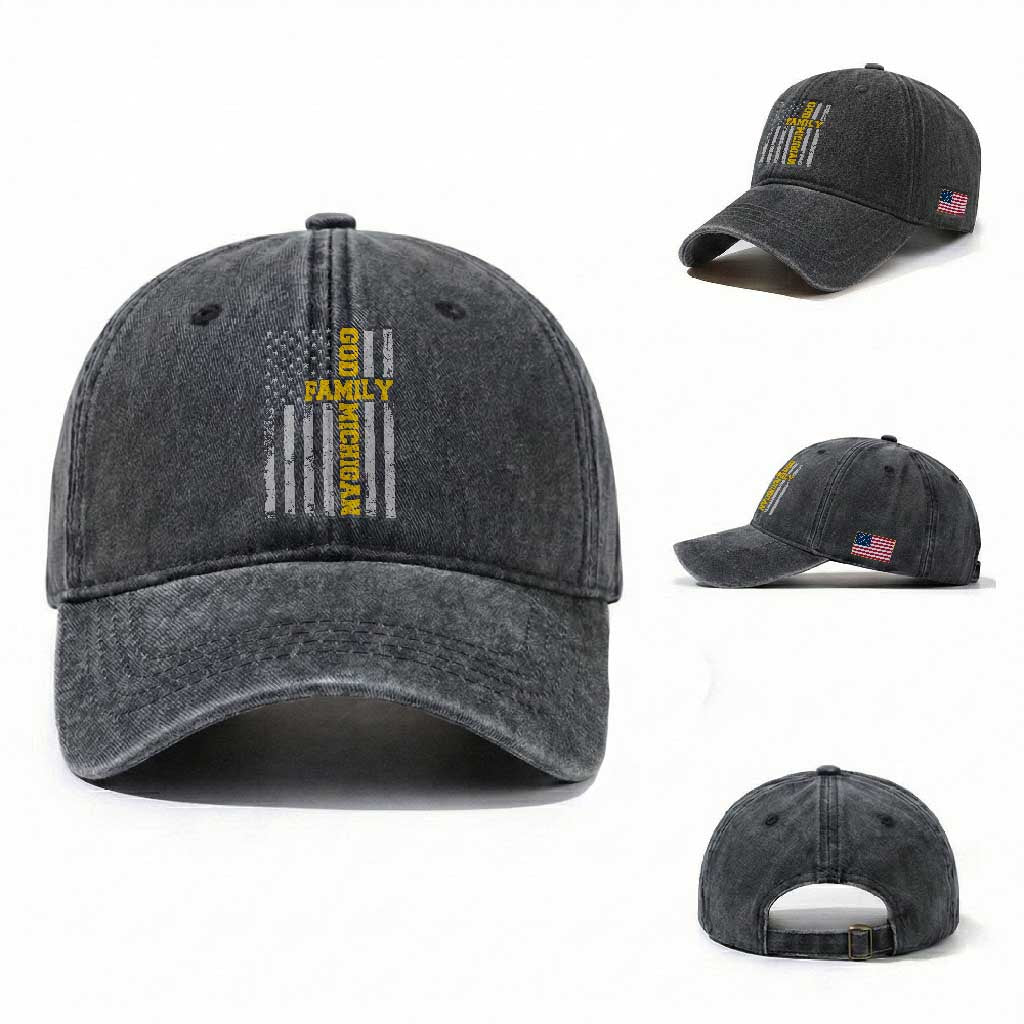 God Family Michigan Washed Cotton Baseball Cap Game Day Vintage American Flag TS11 Washed Cap Universal Fit Dark Gray Print Your Wear