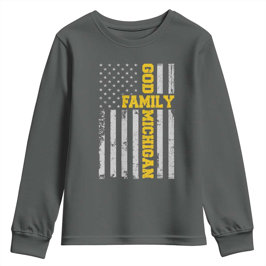 God Family Michigan Youth Sweatshirt Game Day Vintage American Flag TS11 Dark Heather Print Your Wear