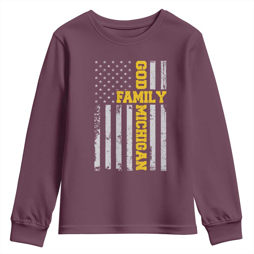 God Family Michigan Youth Sweatshirt Game Day Vintage American Flag TS11 Maroon Print Your Wear