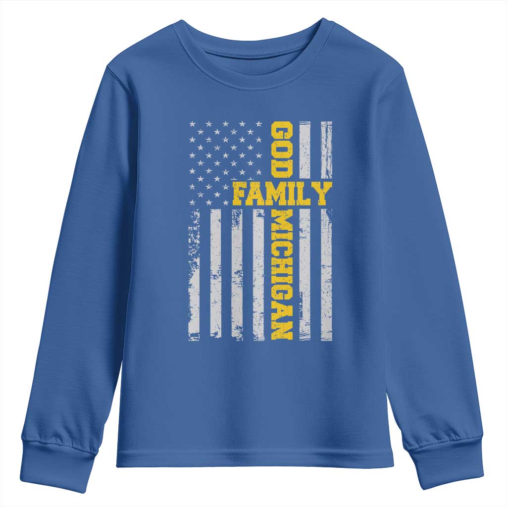 God Family Michigan Youth Sweatshirt Game Day Vintage American Flag TS11 Royal Blue Print Your Wear