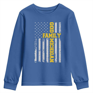 God Family Michigan Youth Sweatshirt Game Day Vintage American Flag TS11 Royal Blue Print Your Wear
