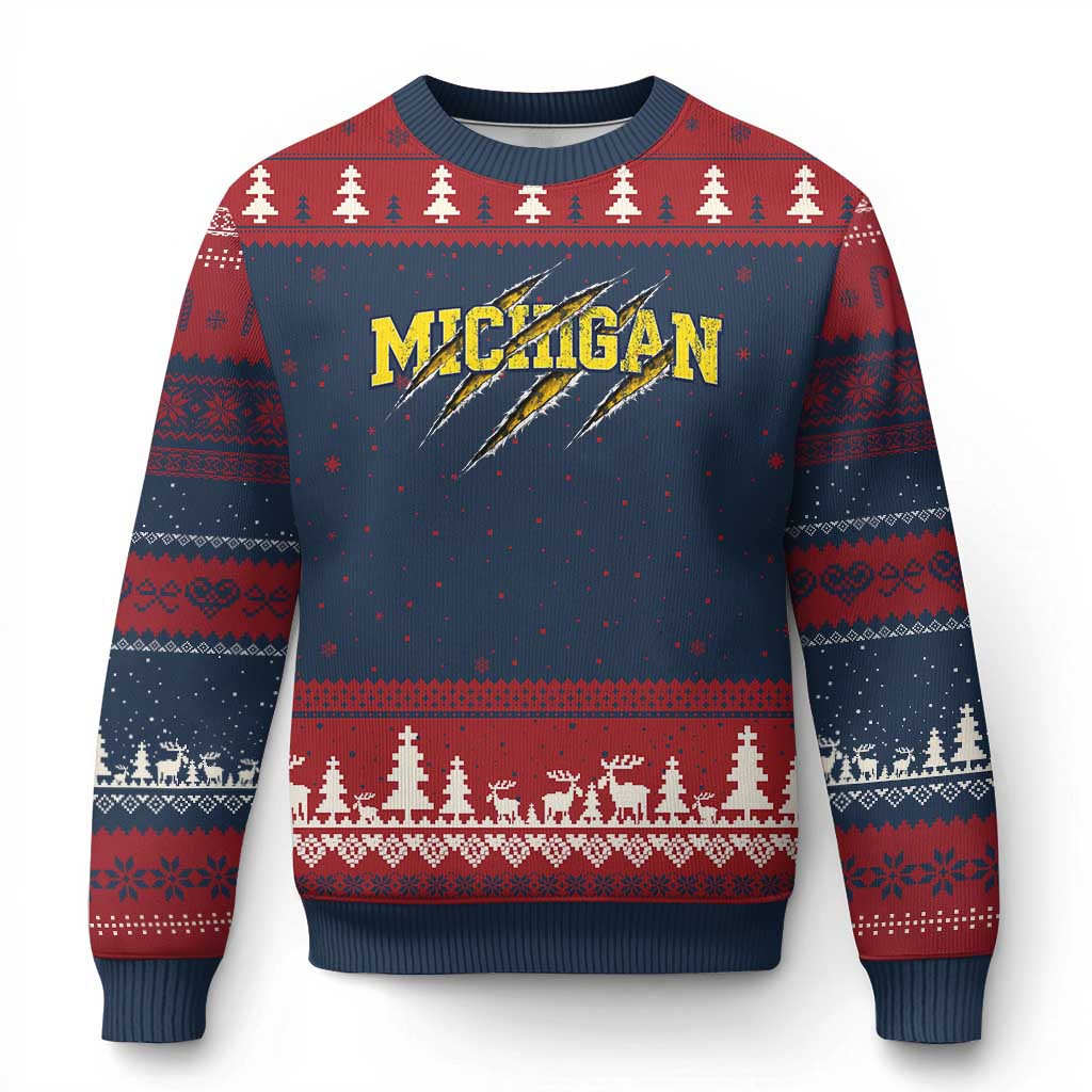 Michigan Fan Ugly Christmas Sweater MI State Sports Game Day Scratch Mark TS11 Navy Red Print Your Wear