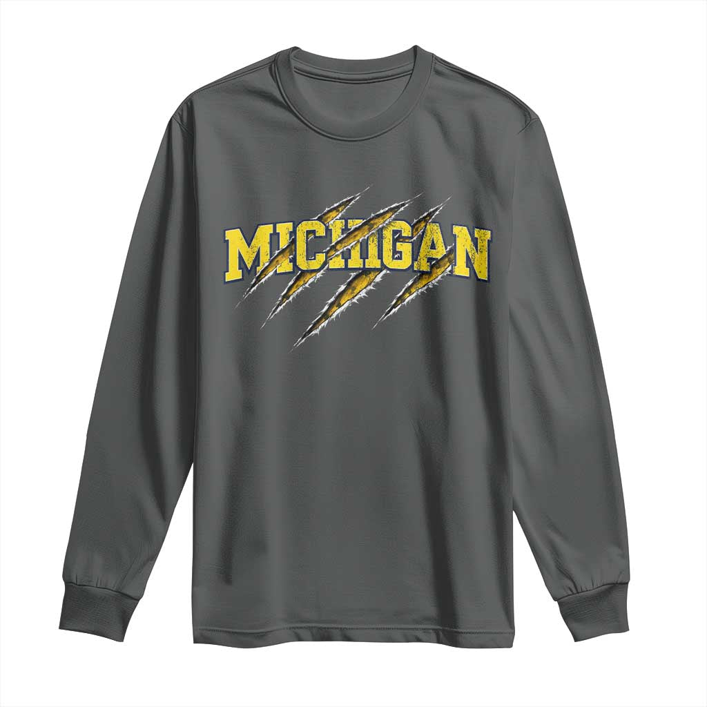 Michigan Fan Long Sleeve Shirt MI State Sports Game Day Scratch Mark TS11 Dark Heather Print Your Wear