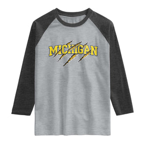Michigan Fan Raglan Shirt MI State Sports Game Day Scratch Mark TS11 Heather Gray Heather Charcoal Print Your Wear