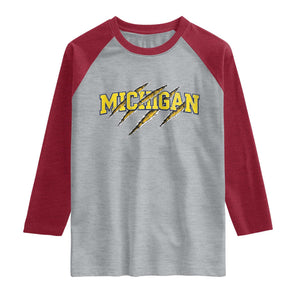 Michigan Fan Raglan Shirt MI State Sports Game Day Scratch Mark TS11 Heather Gray Heather Red Print Your Wear