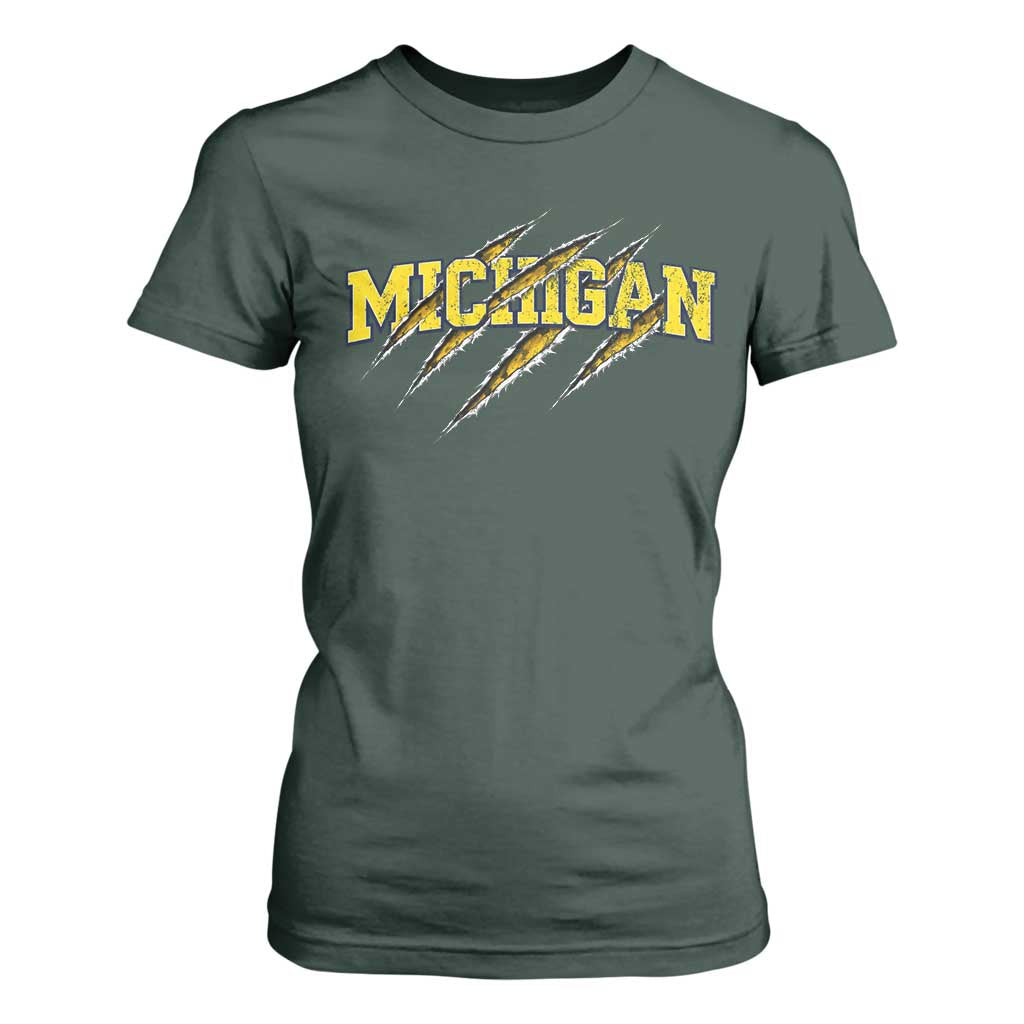 Michigan Fan T Shirt For Women MI State Sports Game Day Scratch Mark TS11 Dark Forest Green Print Your Wear