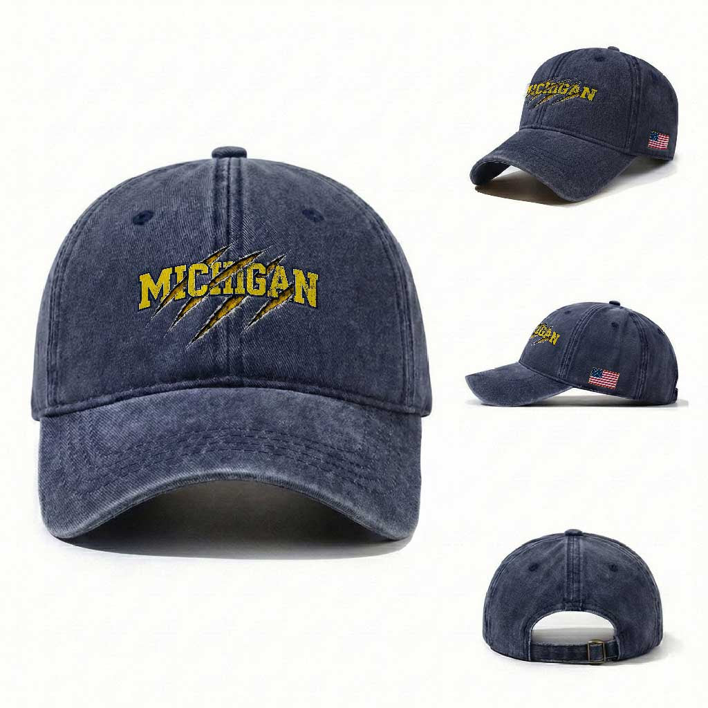 Michigan Fan Washed Cotton Baseball Cap MI State Sports Game Day Scratch Mark TS11 Washed Cap Universal Fit Navy Print Your Wear