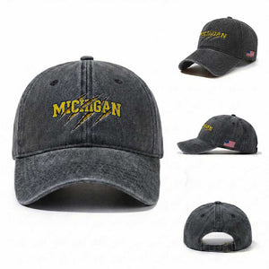 Michigan Fan Washed Cotton Baseball Cap MI State Sports Game Day Scratch Mark TS11 Washed Cap Universal Fit Dark Gray Print Your Wear