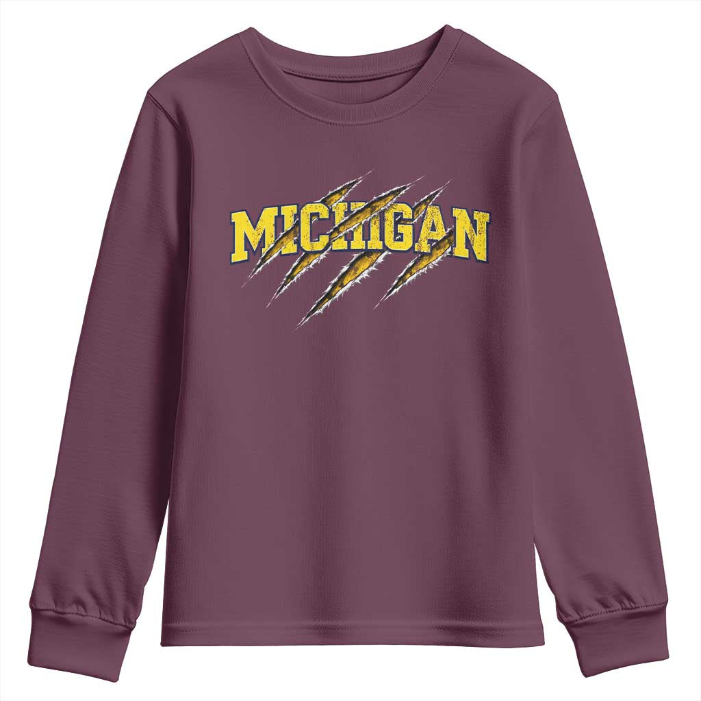 Michigan Fan Youth Sweatshirt MI State Sports Game Day Scratch Mark TS11 Maroon Print Your Wear