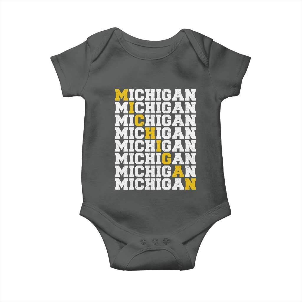 Michigan Fan Baby Onesie Yellow Bold Athletic Sport State Letters Game Day TS11 Dark Heather Print Your Wear