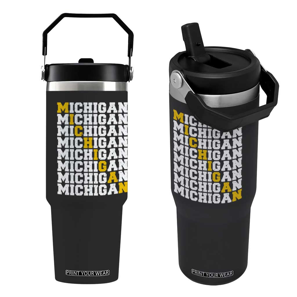 Michigan Fan Flip Straw Tumbler Yellow Bold Athletic Sport State Letters Game Day TS11 One Size: 30 oz Black Print Your Wear