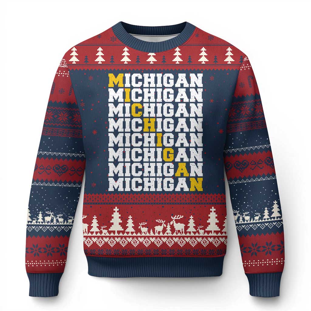 Michigan Fan Ugly Christmas Sweater Yellow Bold Athletic Sport State Letters Game Day TS11 Navy Red Print Your Wear