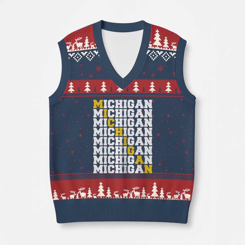 Michigan Fan V-Neck Knit Sweater Vest Yellow Bold Athletic Sport State Letters Game Day TS11 Navy Red Print Your Wear
