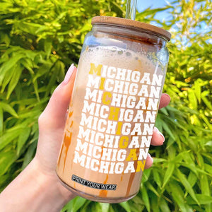 Michigan Fan Glass Can Yellow Bold Athletic Sport State Letters Game Day TS11 Black Print Your Wear