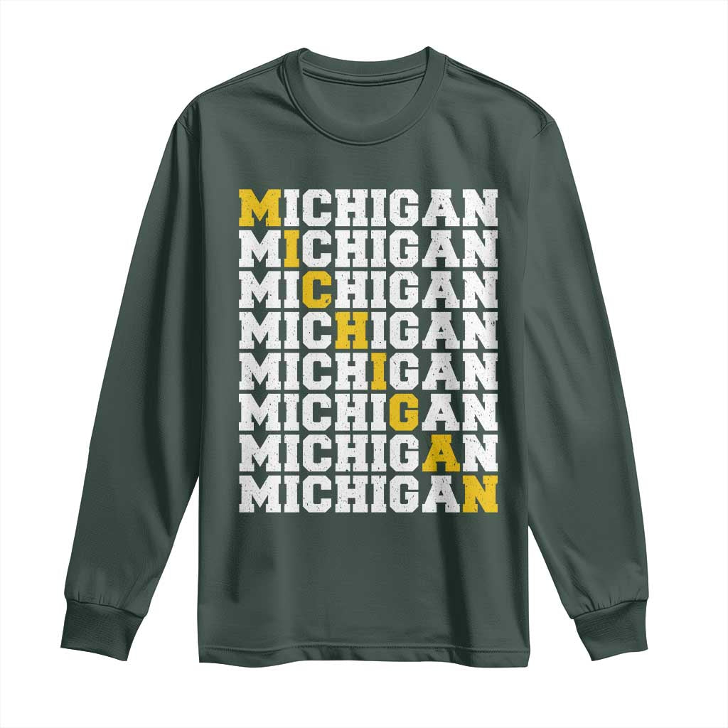 Michigan Fan Long Sleeve Shirt Yellow Bold Athletic Sport State Letters Game Day TS11 Dark Forest Green Print Your Wear