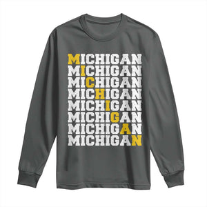 Michigan Fan Long Sleeve Shirt Yellow Bold Athletic Sport State Letters Game Day TS11 Dark Heather Print Your Wear