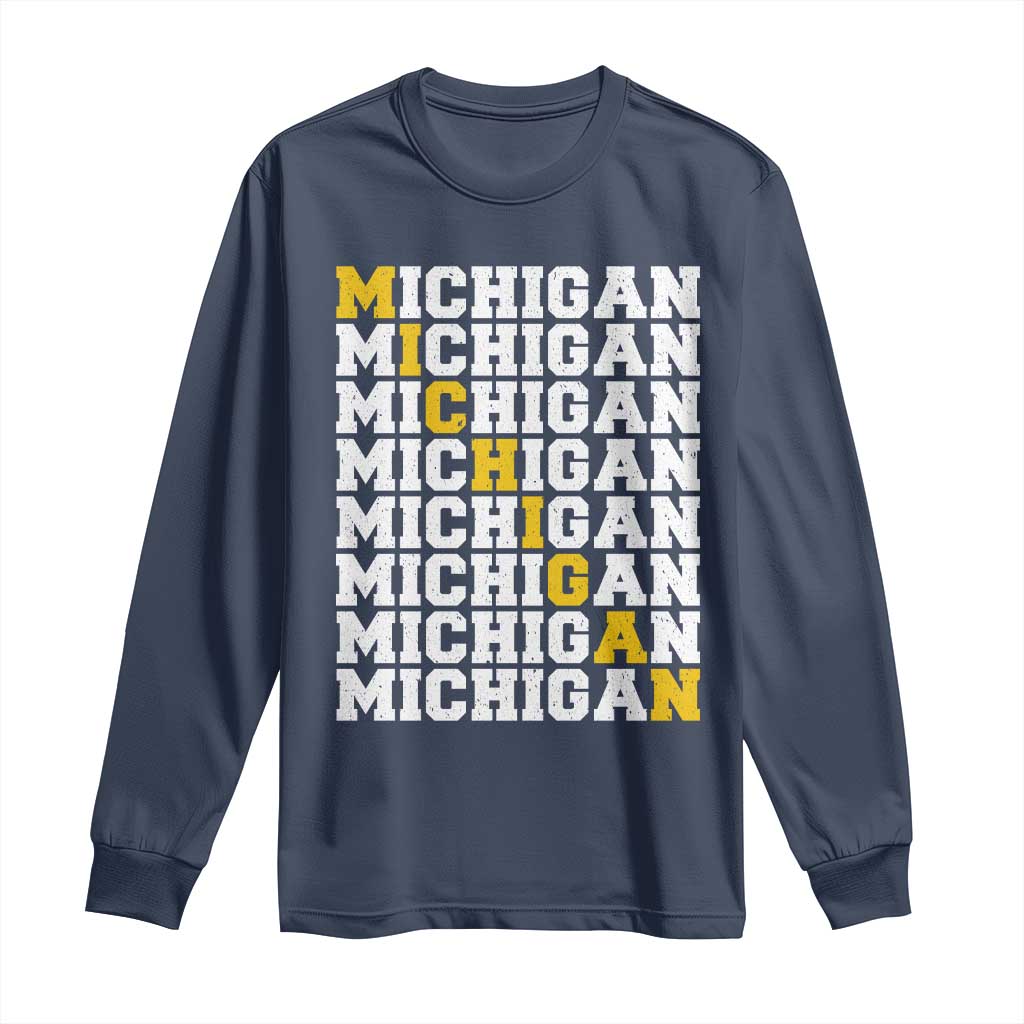 Michigan Fan Long Sleeve Shirt Yellow Bold Athletic Sport State Letters Game Day TS11 Navy Print Your Wear