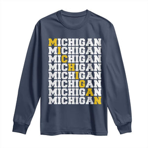 Michigan Fan Long Sleeve Shirt Yellow Bold Athletic Sport State Letters Game Day TS11 Navy Print Your Wear