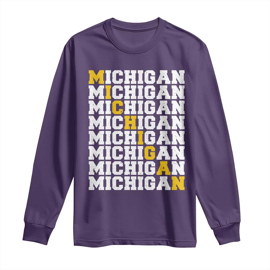 Michigan Fan Long Sleeve Shirt Yellow Bold Athletic Sport State Letters Game Day TS11 Purple Print Your Wear