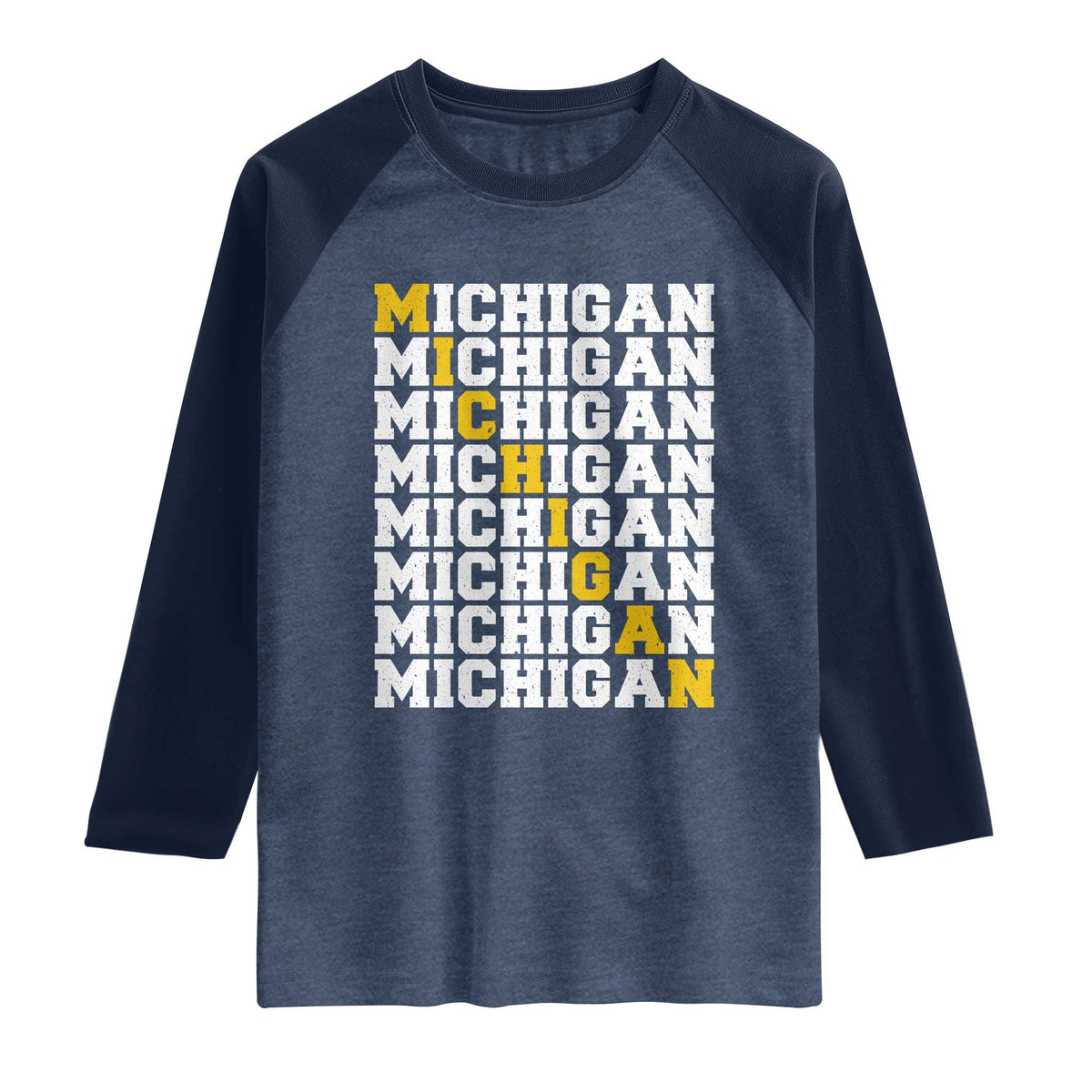 Michigan Fan Raglan Shirt Yellow Bold Athletic Sport State Letters Game Day TS11 Heather Denim Navy Print Your Wear