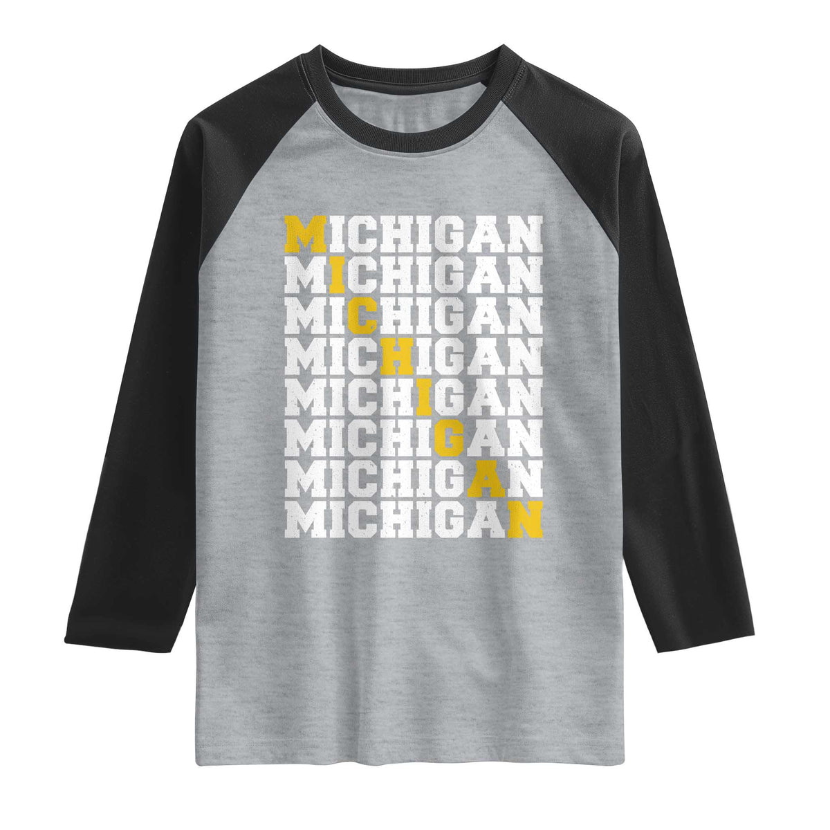 Michigan Fan Raglan Shirt Yellow Bold Athletic Sport State Letters Game Day TS11 Heather Gray Black Print Your Wear