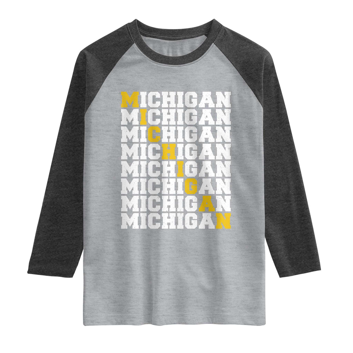 Michigan Fan Raglan Shirt Yellow Bold Athletic Sport State Letters Game Day TS11 Heather Gray Heather Charcoal Print Your Wear