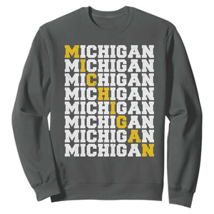 Michigan Fan Sweatshirt Yellow Bold Athletic Sport State Letters Game Day TS11 Dark Heather Print Your Wear