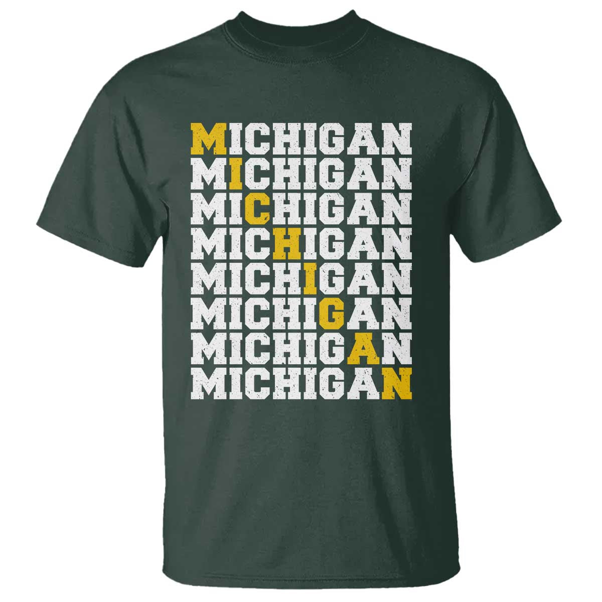Michigan Fan T Shirt Yellow Bold Athletic Sport State Letters Game Day TS11 Dark Forest Green Print Your Wear