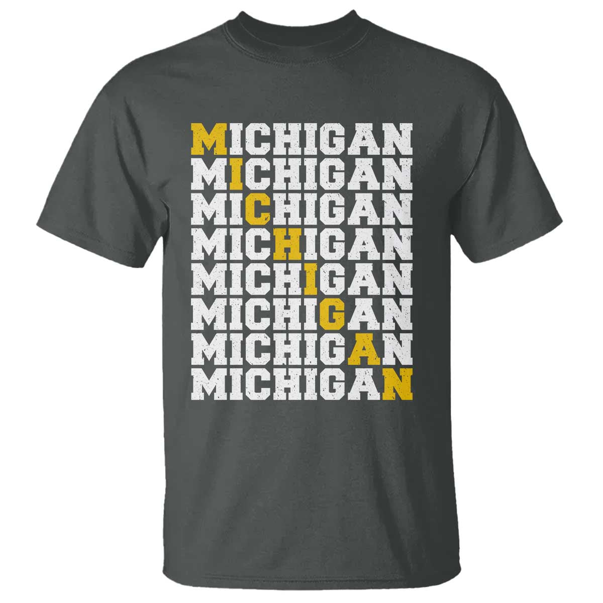 Michigan Fan T Shirt Yellow Bold Athletic Sport State Letters Game Day TS11 Dark Heather Print Your Wear