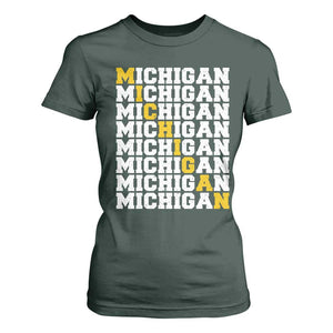 Michigan Fan T Shirt For Women Yellow Bold Athletic Sport State Letters Game Day TS11 Dark Forest Green Print Your Wear