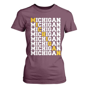 Michigan Fan T Shirt For Women Yellow Bold Athletic Sport State Letters Game Day TS11 Maroon Print Your Wear