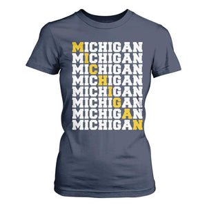 Michigan Fan T Shirt For Women Yellow Bold Athletic Sport State Letters Game Day TS11 Navy Print Your Wear