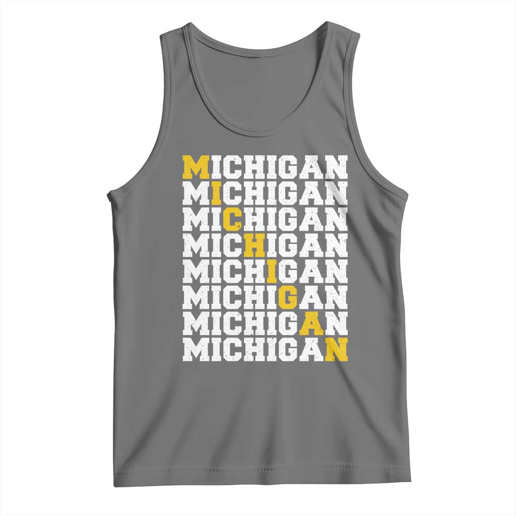Michigan Fan Tank Top Yellow Bold Athletic Sport State Letters Game Day TS11 Black Heather Print Your Wear