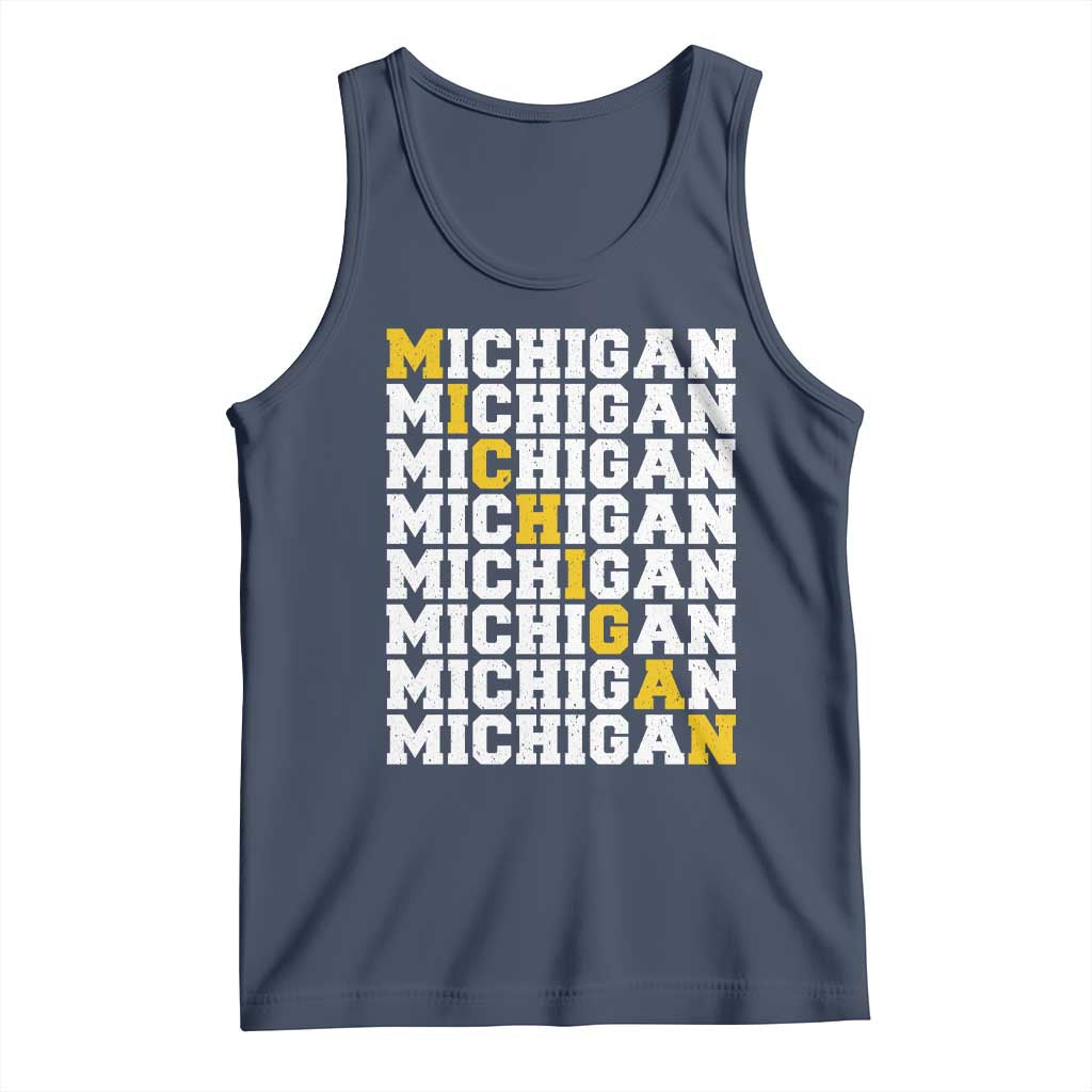 Michigan Fan Tank Top Yellow Bold Athletic Sport State Letters Game Day TS11 Navy Print Your Wear